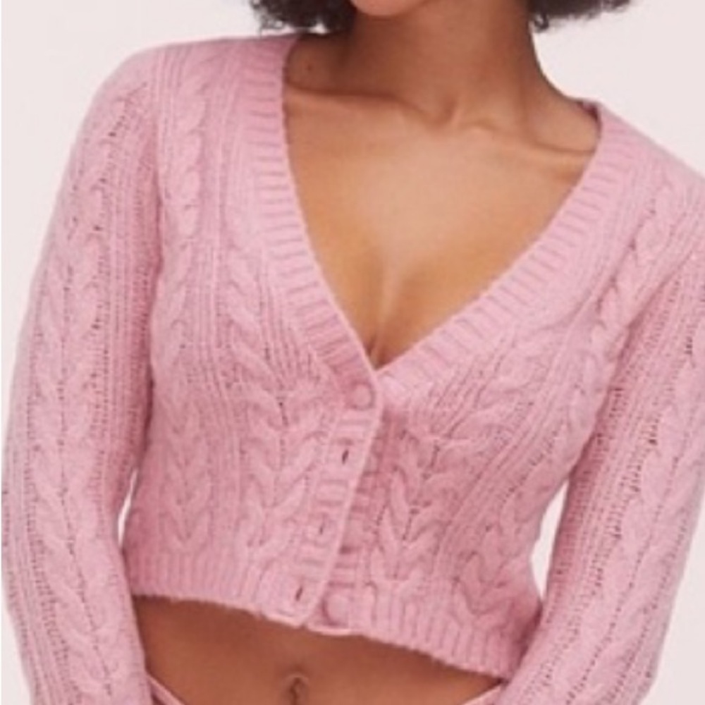 For Love & Lemons Billie Pink Cable Knit Long Sleeve Cropped Cardigan XL